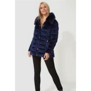 Royal Matrix Women's Navy Removable Faux Fur Hoodie Quilted Coat Size XS